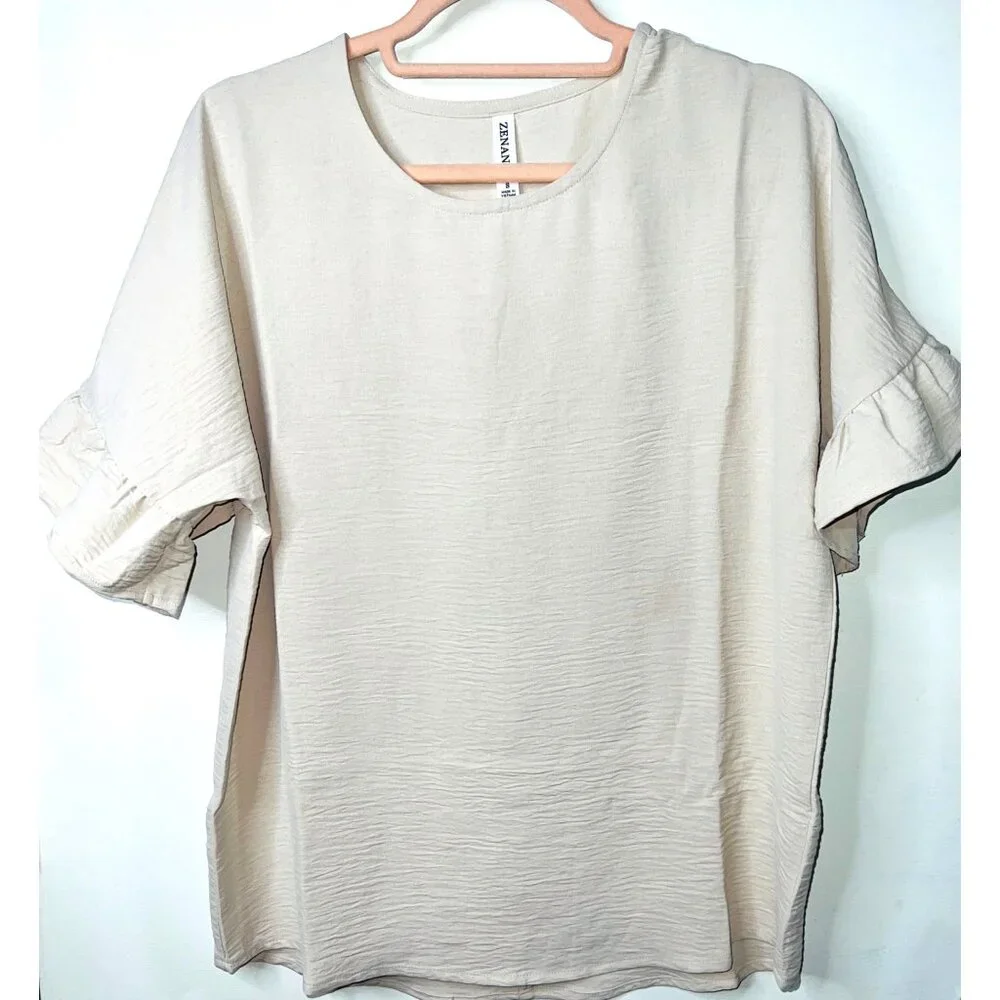 Zenana Crinkle Texture Beige Short Sleeve Top With Ruffle Detail S 100% Polyeste - Picture 1 of 5